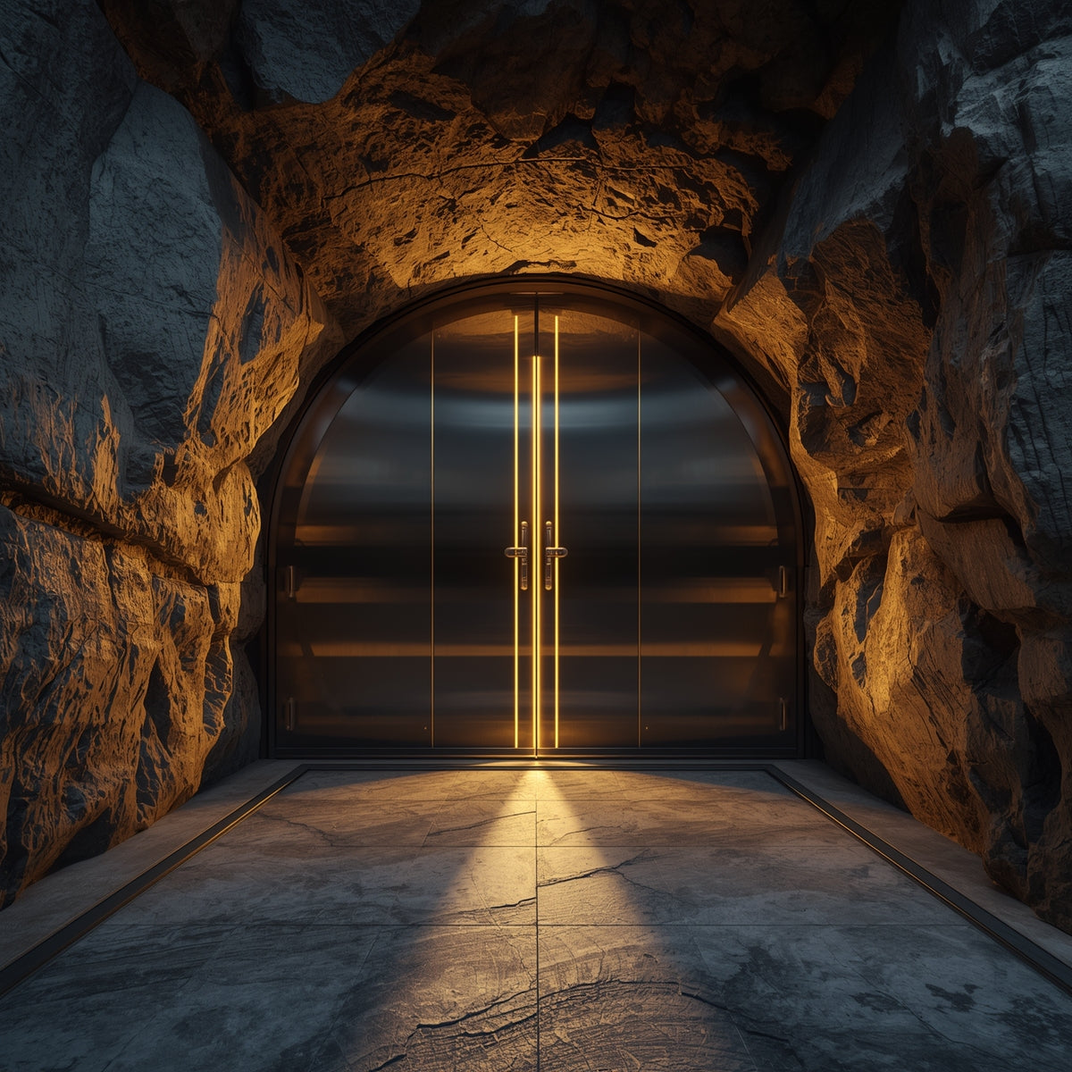 Dark stone hallway with a glowing door