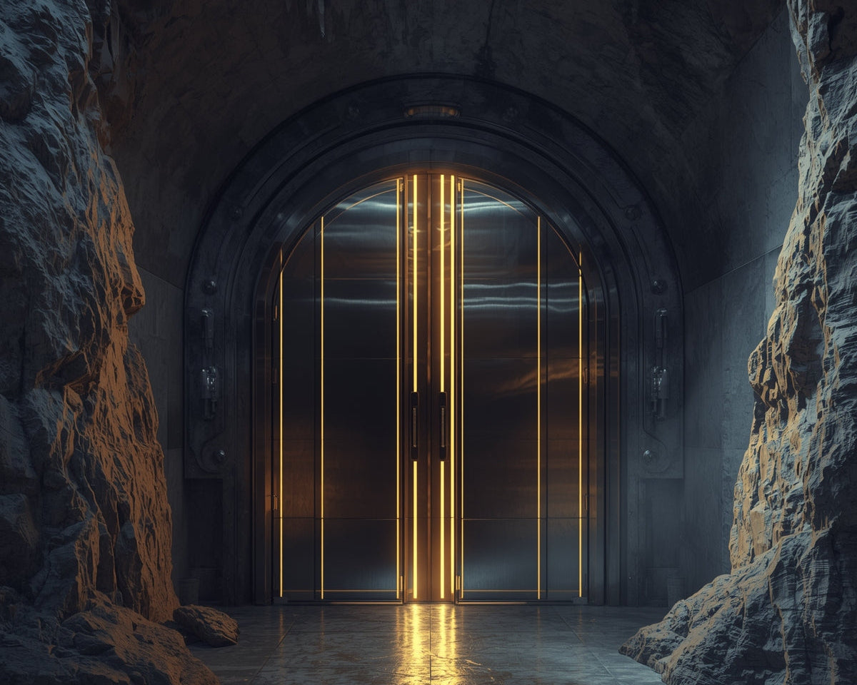 Dark stone archway with a glowing golden door